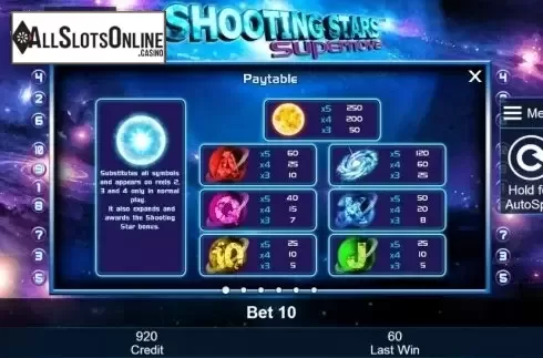 Paytable 1. Shooting Stars: Supernova from Mazooma