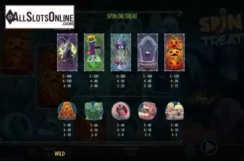 Paytable screen. Spin or Treat from 888 Gaming