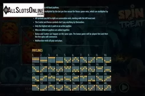 Paylines screen. Spin or Treat from 888 Gaming