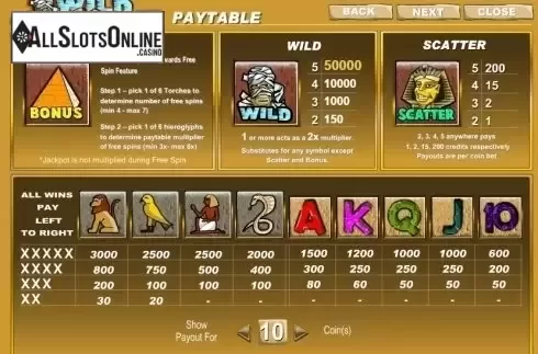 Paytable 1. Wild Mummy from Amaya