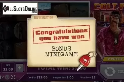 Bonus game intro screen. Colt P.I. from PlayPearls