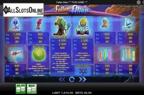 Paytable. Fallen Alien from Merkur