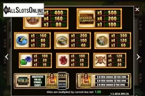 Paytable . Goddess of The Amazon from Inspired Gaming