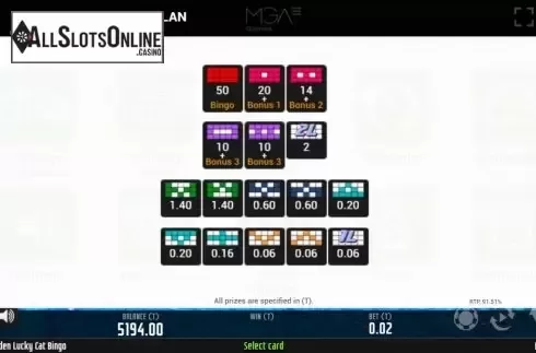 Paytable. Golden Lucky Cat Bingo from MGA