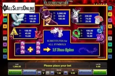 Paytable. Illusionist from Novomatic