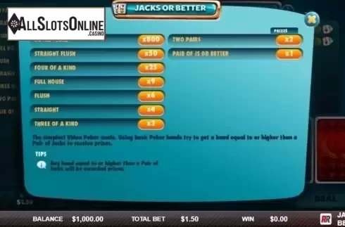 Paytable. Jacks or Better (Red Rake) from Red Rake