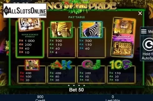 Paytable 1. King of the Pride from Mazooma