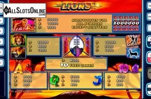 Paytable. Lions Deluxe from Novomatic