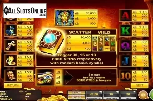 Paytable. Book of the Sphinx from IGT
