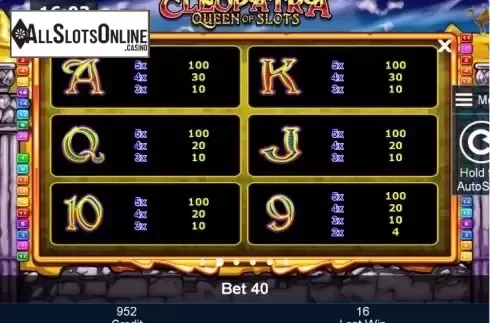 Paytable 2. Cleopatra Queen of Slots (Green Tube) from Greentube