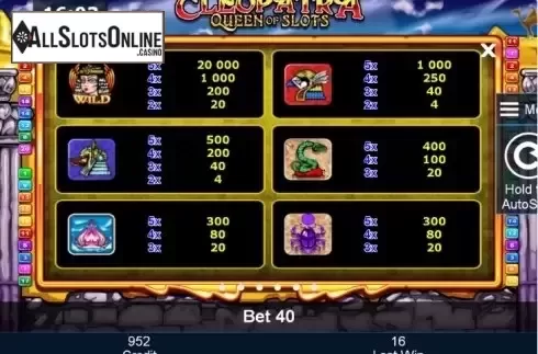 Paytable 1. Cleopatra Queen of Slots (Green Tube) from Greentube