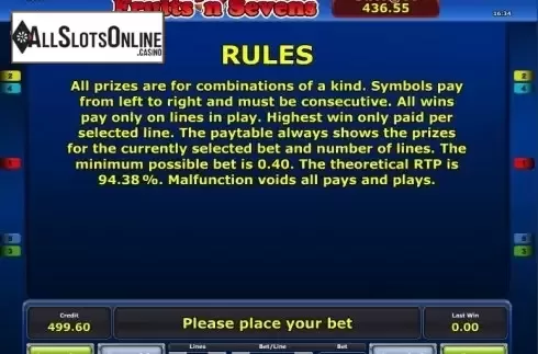 Paytable 2. Fruits´n Sevens from Greentube