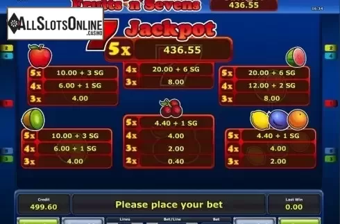 Paytable 1. Fruits´n Sevens from Greentube