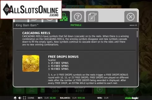 Paytable 1. King Bam Bam from StakeLogic