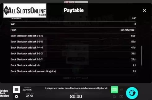 Paytable screen
