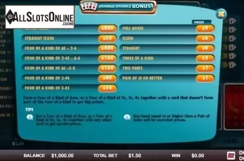 Paytable. Double Double Bonus (Red Rake) from Red Rake