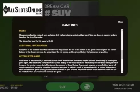 Info 3. Dream Car Suv from Hacksaw Gaming
