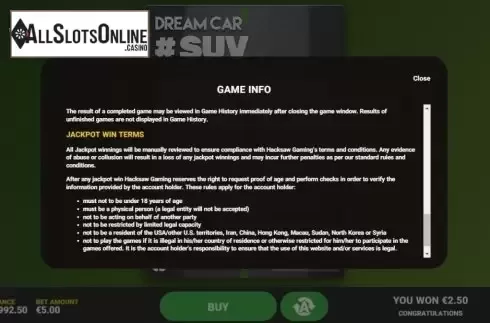 Info 4. Dream Car Suv from Hacksaw Gaming