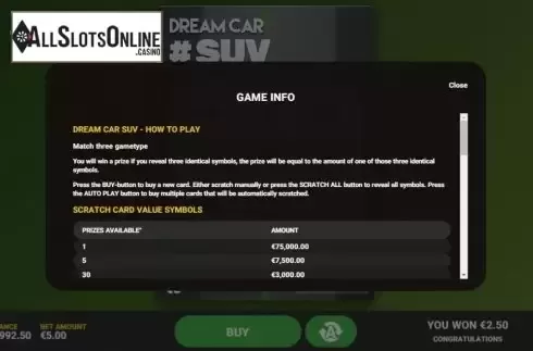 Info 1. Dream Car Suv from Hacksaw Gaming