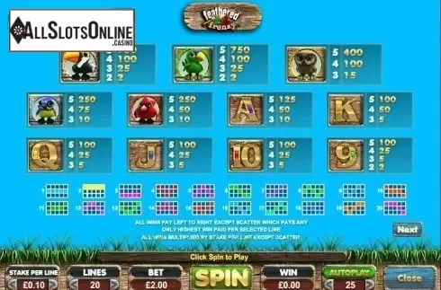 Paytable 1. Feathered Frenzy Slot from Big Time Gaming
