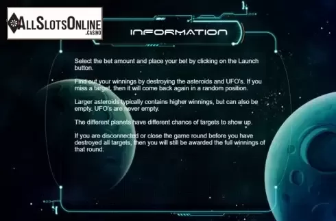Information screen. Space Bounty from Cubeia