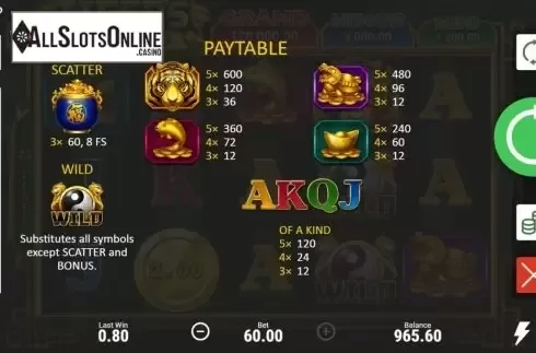 Paytable. Tiger's Gold Hold and Win from Booongo