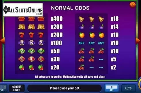 Paytable screen