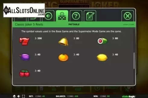 Paytable. Classic Joker 5 Reels from StakeLogic