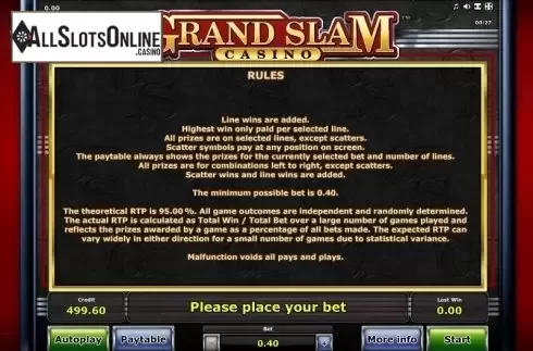 Paytable 2. Grand Slam Casino from Greentube