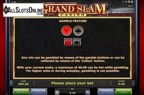 Paytable 3. Grand Slam Casino from Greentube