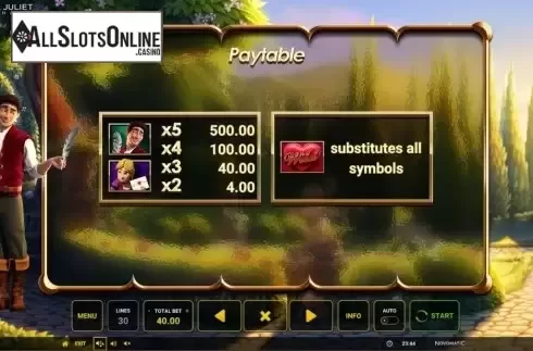 Paytable 2. Romeo and Juliet – Sealed with a Kiss from Greentube