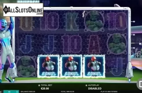 Bonus game win screen. Universal Cup from Leander Games