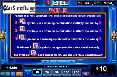 Paytable 2. 81 Dice from EGT