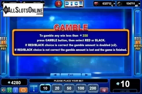 Paytable 3. 81 Dice from EGT