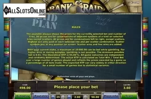Paytable 3. Bank Raid from Novomatic