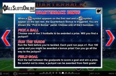 Quarterback Bonus Game Screen