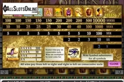 Paytable . Queen of Egypt 2013 from Gamesys