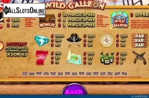 Paytable. Wild Galleon from Capecod Gaming