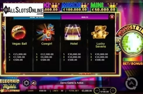 Paytable 2. Electric Nights King Strike from Ainsworth