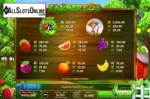 Paytable. Farmer Bob from Xplosive Slots Group