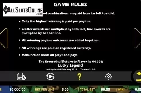 Game Rules. Lucky Legend from Aspect Gaming