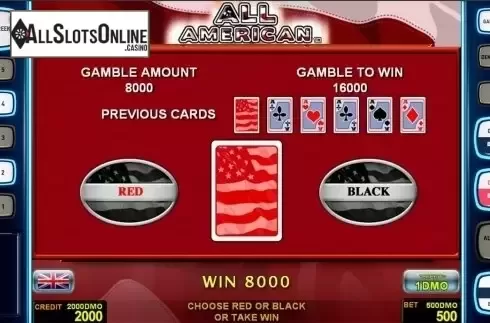 Gamble game screen. All American Deluxe from Novomatic