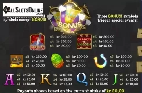 Paytable 1. Dragon vs Unicorn from Red7