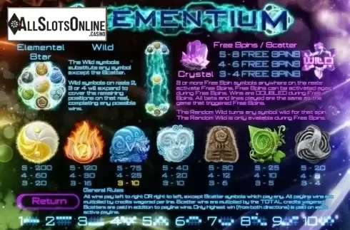 Paytable . Elementium from Genii