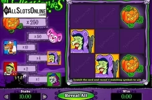 Game Screen. Halloweenies Scratch Card from Microgaming