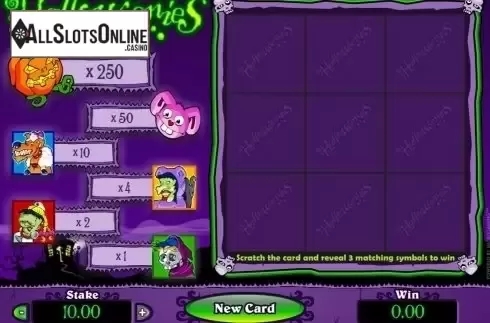 Game Screen. Halloweenies Scratch Card from Microgaming