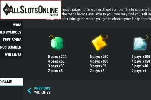 Paytable. Jewel Bomber from Slot Factory