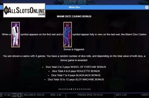 Miami dice bonus screen