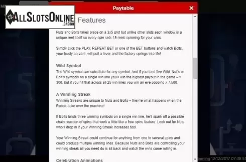 Paytable 3. Nuts & Bolts from Roxor Gaming