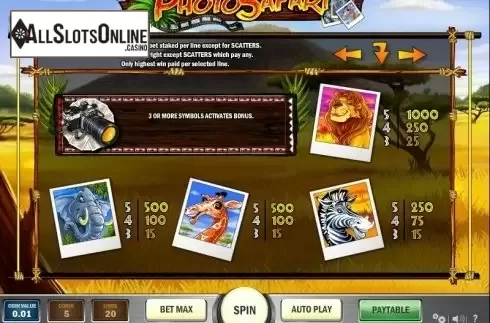 Paytable 2. Photo Safari from Play'n Go